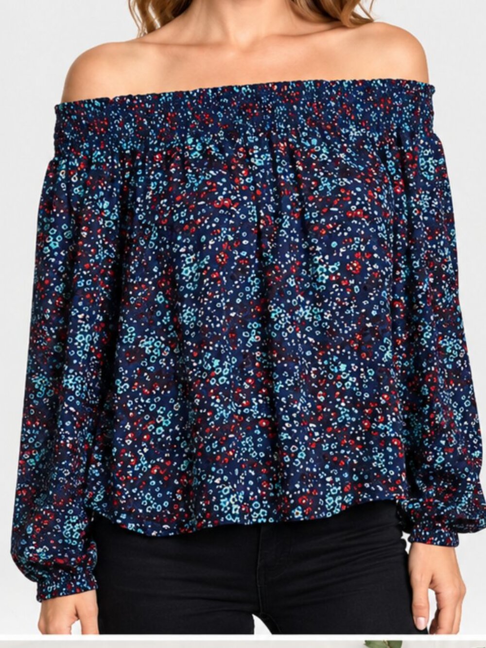 Parker Navy Blue Floral Off Shoulder Blouse Red Turquoise Print Size M